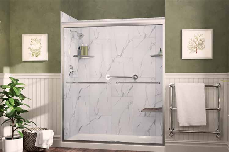 Shower with glass door and white marble siding