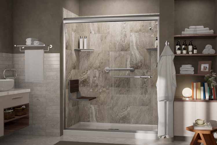 Shower with glass door and brown tiling